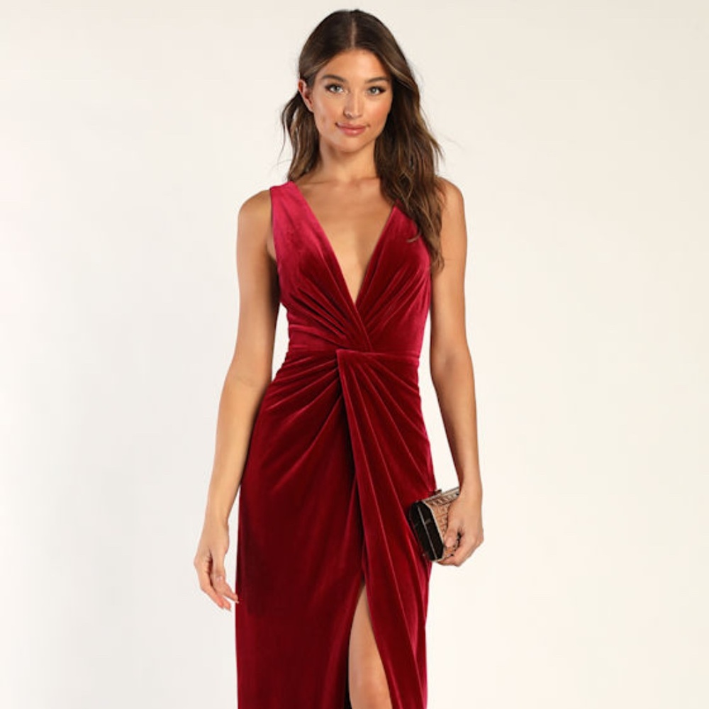 Lulus Beautiful Evenings Wine Red Velvet Twist-front Maxi Dress - Size XS